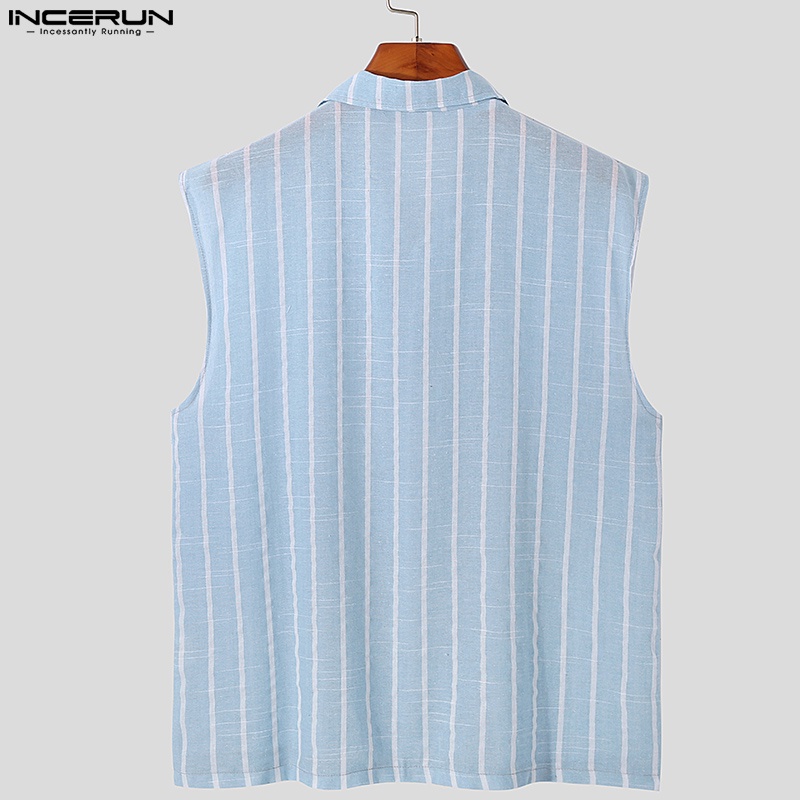 Áo sơ mi INCERUN cotton không tay cổ bẻ kẻ sọc 3 màu thời trang cho nam