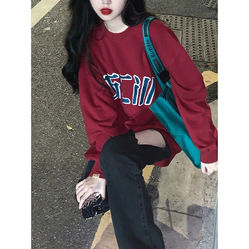 ÁO SWEATER NỈ MỎNG DA CÁ UNISEX CỔ TRÒN MÀU ĐỎ ĐÔ IN CHỮ CÁ TÍNH HOT TREND DÁNG OVERSIZE HOT TRENDY DOUYIN