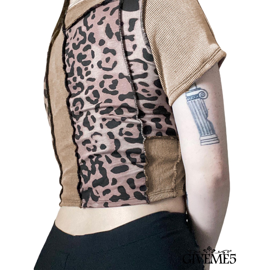 Áo Lửng Ngắn Tay Phối Họa Tiết Da Báo Gợi Cảm Quyến Rũ Cho Nữ
