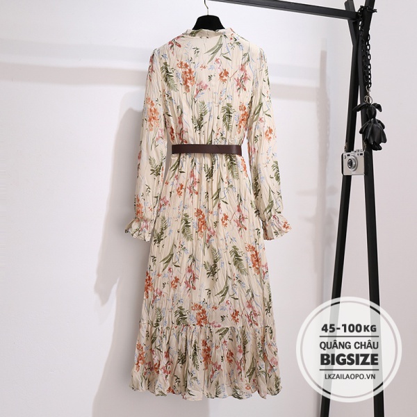 BIGSIZE Nữ (45-100kg) Đầm hoa nhi dài qua gối voan Cổ Chữ V Thắt Eo tay dài mùa thu - Váy - Phong cách Hàn Quốc vintage xinh đẹp - quảng châu cao cấp - cho người mập béo 45-100kg