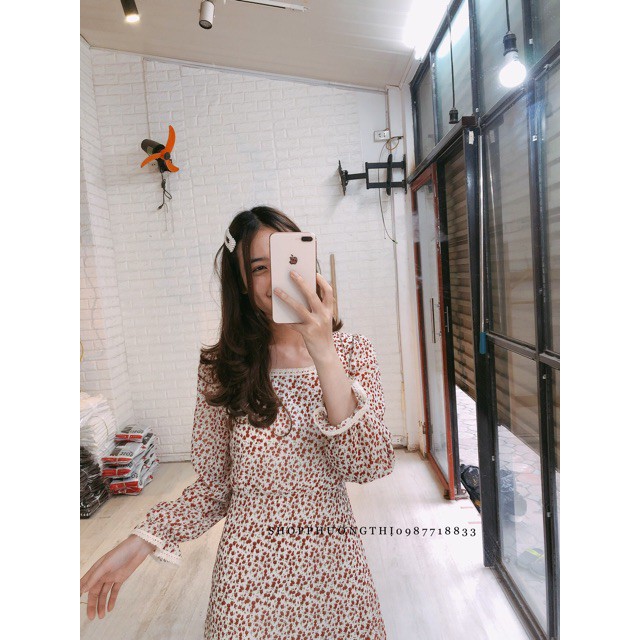 [ Mã FAMAYWA2 giảm 10K đơn 50K] Váy hoa nhí cổ vuông dài tay- váy tiểu thư vintage (hình shop tự chụp/sẵn)  ྇