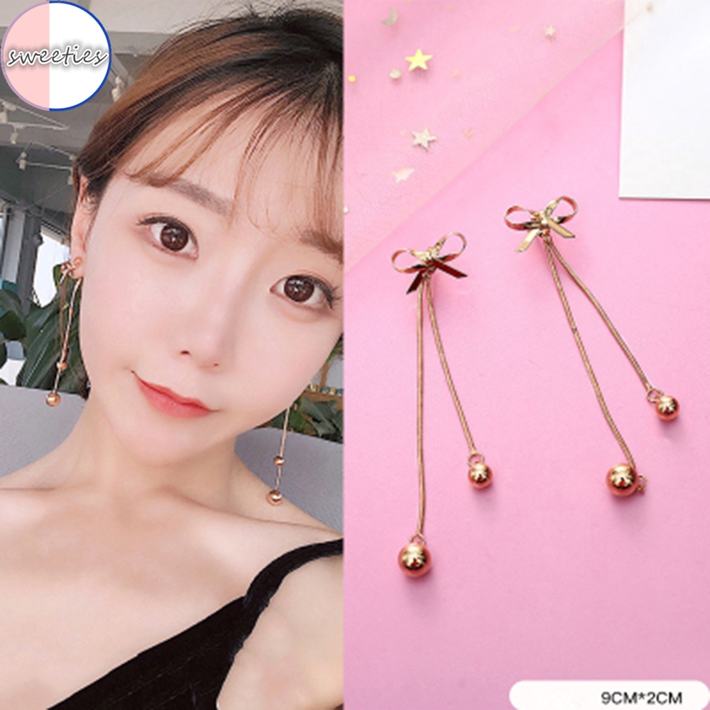 Hoa tai dáng dài tua rua hình nơ chất liệu kim loại kiểu Hàn Quốc thanh lịch