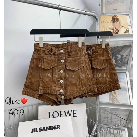 Chân váy bò nhiều khuy lệch nắp túi gân Quảng châu cao cấp A019