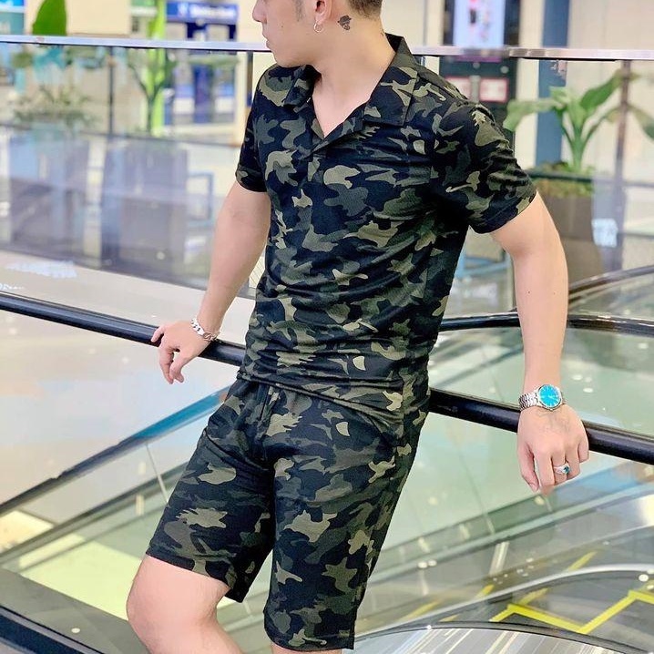 Bộ Đồ Thể Thao Nam Cộc Tay Cổ Bẻ Cotton In Hoạ Tiết Rằn Ri Thấm Hút Mồ Hôi Co Giãn Tốt