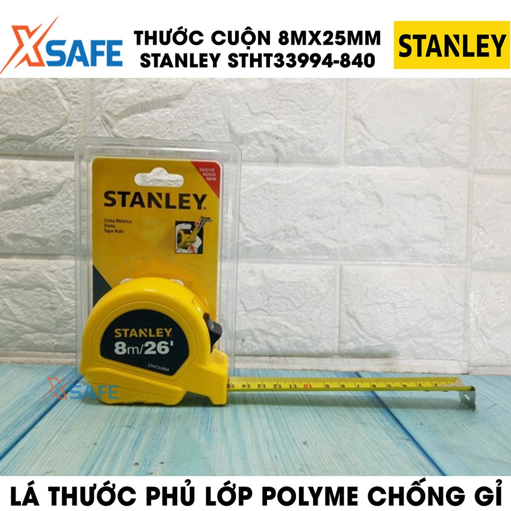 Thước cuộn STANLEY STHT33994-840 8m Thước cuộn vỏ nhựa ABS bọc cao su bền bỉ, lưỡi thước thép phủ lớp polyme chống gỉ