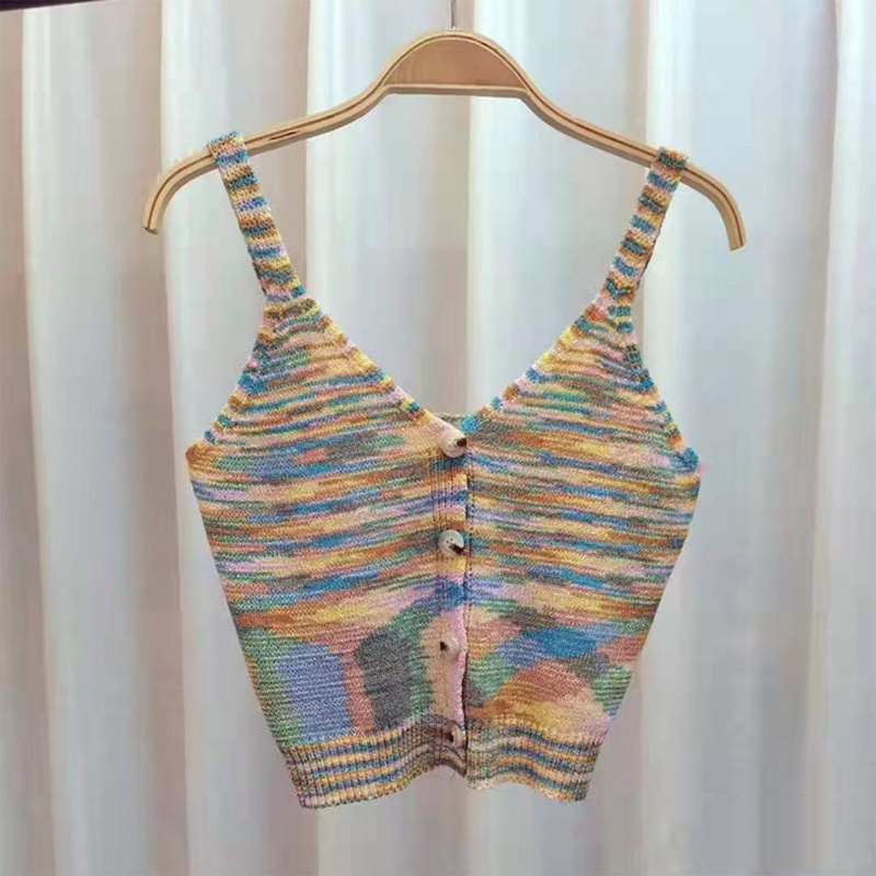 Áo Croptop Dệt Kim Cổ Chữ V Phối Nút Họa Tiết Kẻ Sọc Nhiều Màu Thời Trang Quyến Rũ Cho Nữ