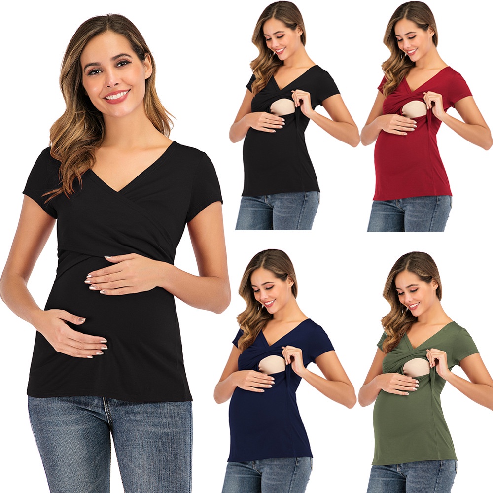 ☞〖Áo phông ngắn tay〗 Áo bà bầu khoét sâu cổ chữ V ~ quần áo cho con bú có phần mỏng xuyên thấu đồng màu Quần áo cho con bú