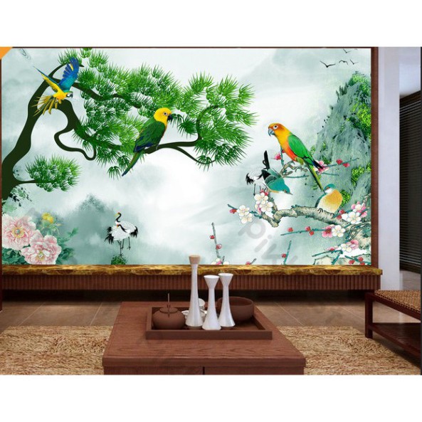 Đàn vẹt trên cành cây xanh và hoa đẹp, Tranh 3d dán tường hiện đại (tích hợp sẵn keo) MS1101863