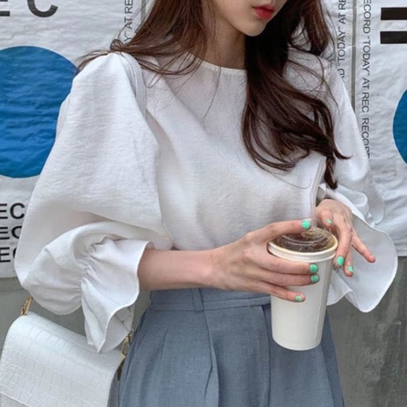 Áo blouse nữ ZANZEA tay phồng cổ tròn màu trơn thời trang thường ngày