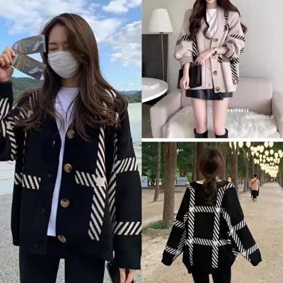 Áo khoác len cardigan kẻ Hàn Quốc thu đông  P777