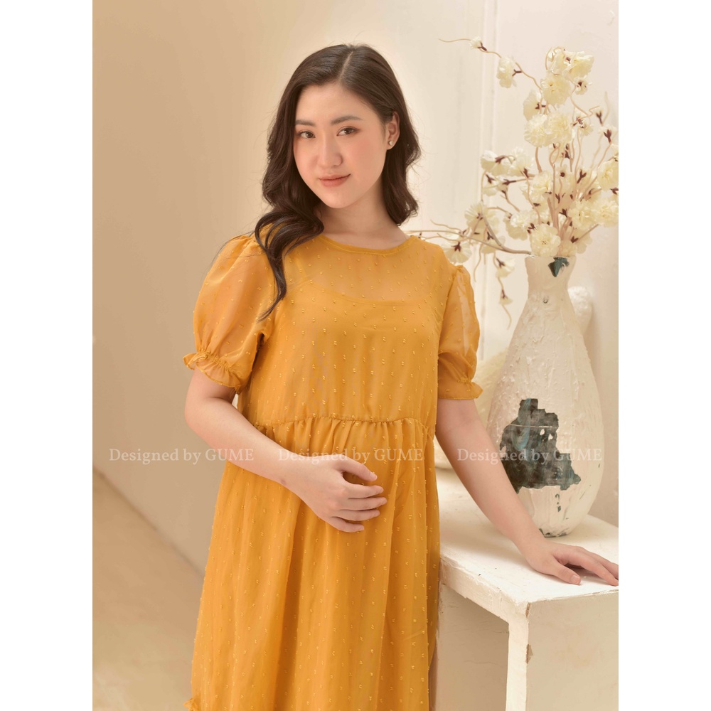Váy Bầu Công Sở - Đầm Bầu GUME 2 màu be,vàng dáng đuôi cá bèo tay bo chất vải voan hạt size từ 40-100kg  GM023 ảnh thật