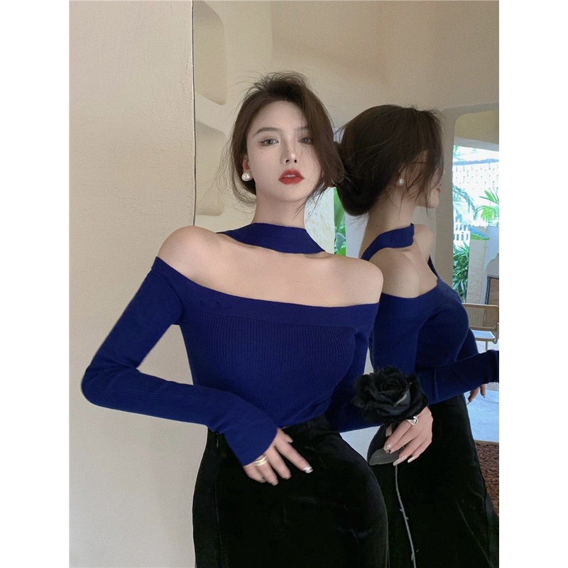 QKOOLE Áo dệt kim tay dài trễ vai phong cách Hàn Quốc thời trang cho nữ