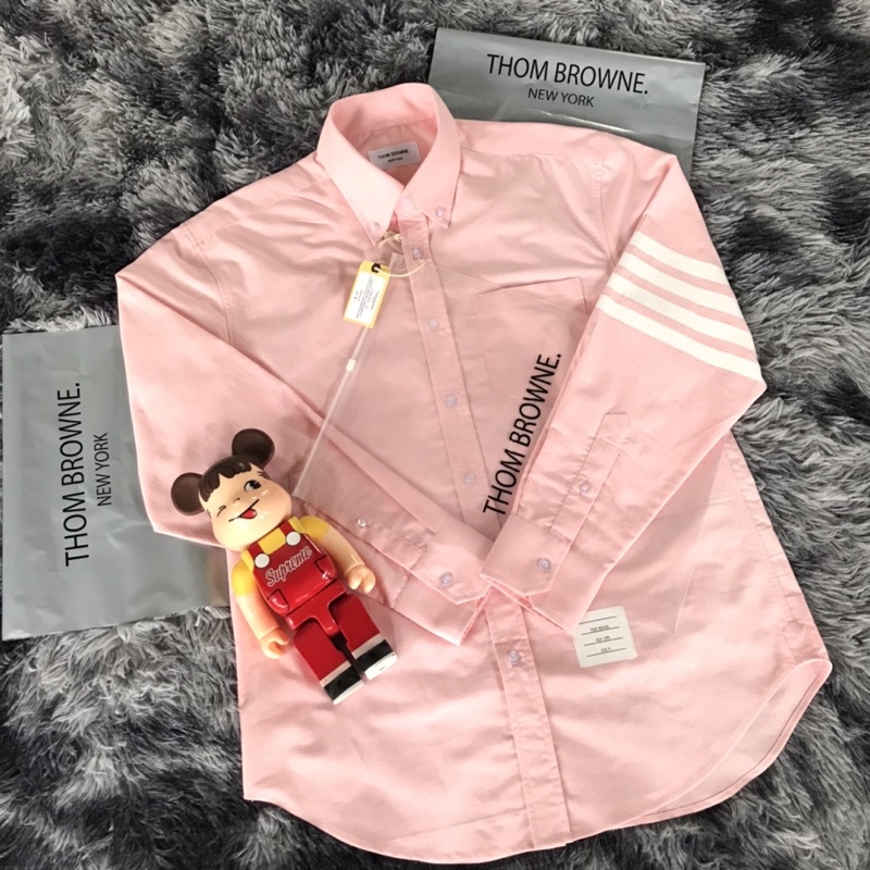 Sơ mi Thom Brown hồng 4 sọc trắng tay