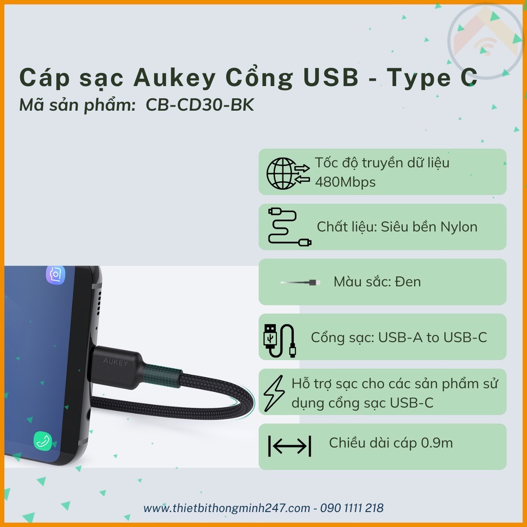 Cáp sạc Aukey CB-CD30 BK Cổng USB ra Cổng Type C dài 0.9 mét màu Đen