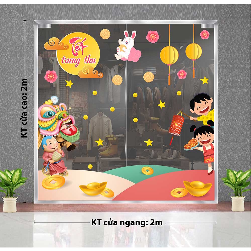 Decal trang trí trung thu 2021 bé và lân dưới ánh trăng cùng thỏ ngọc