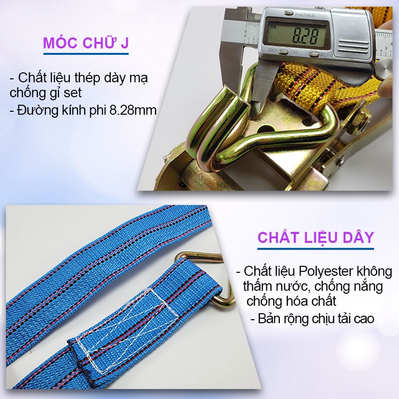 Dây cảo chằng hàng tăng đơ CÓ MÓC, bản 2.5-4-5-6 cm chiều dài 4-5-6-8-10-12m - NIKITA - TẢI 1-5 TẤN- 2 MÀU XANH-VÀNG-CAM