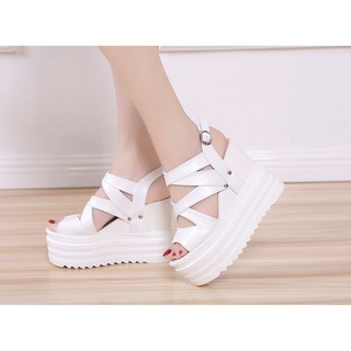 Giày Sandal nữ Đế Xuồng quai gài cao 11cm chất da màu trắng S114T