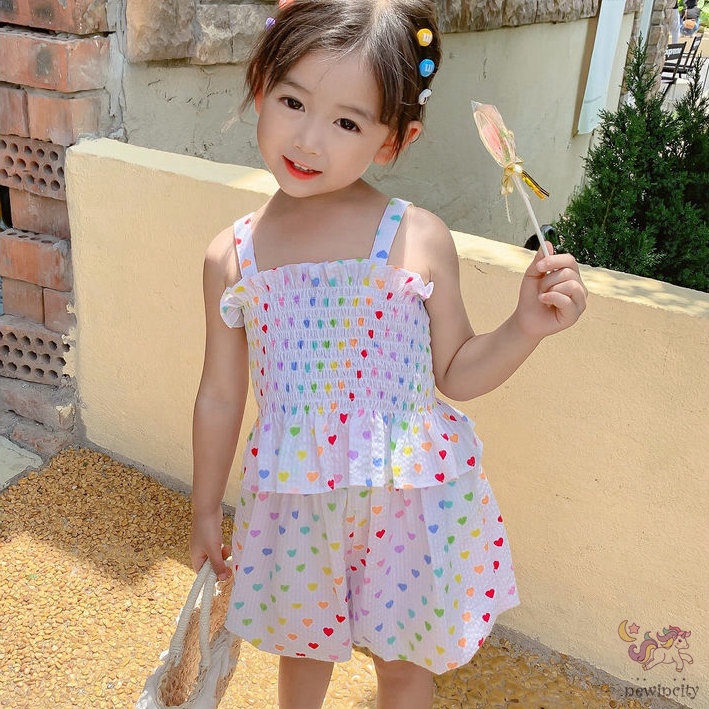 Set Đồ Mùa Hè 2 Món Gồm Áo Thun In Hình Trái Tim + Quần Ngắn Thời Trang Hàn Quốc Cho Bé Gái