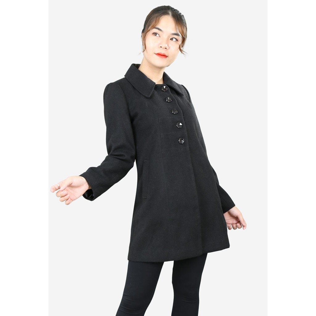 Áo măng tô 2 lớp tay dài dạ KT đen cổ nam không chân 5 khuy The One Fashion AKH042DE
