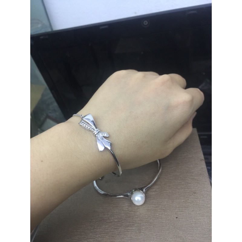 Vòng tay nơ dây rút quả cầu trắng đơn giản đính tim trơn độc đáo bạc thật phủ vàng trắng lạ mắt siêu nét NGỌC MẬU