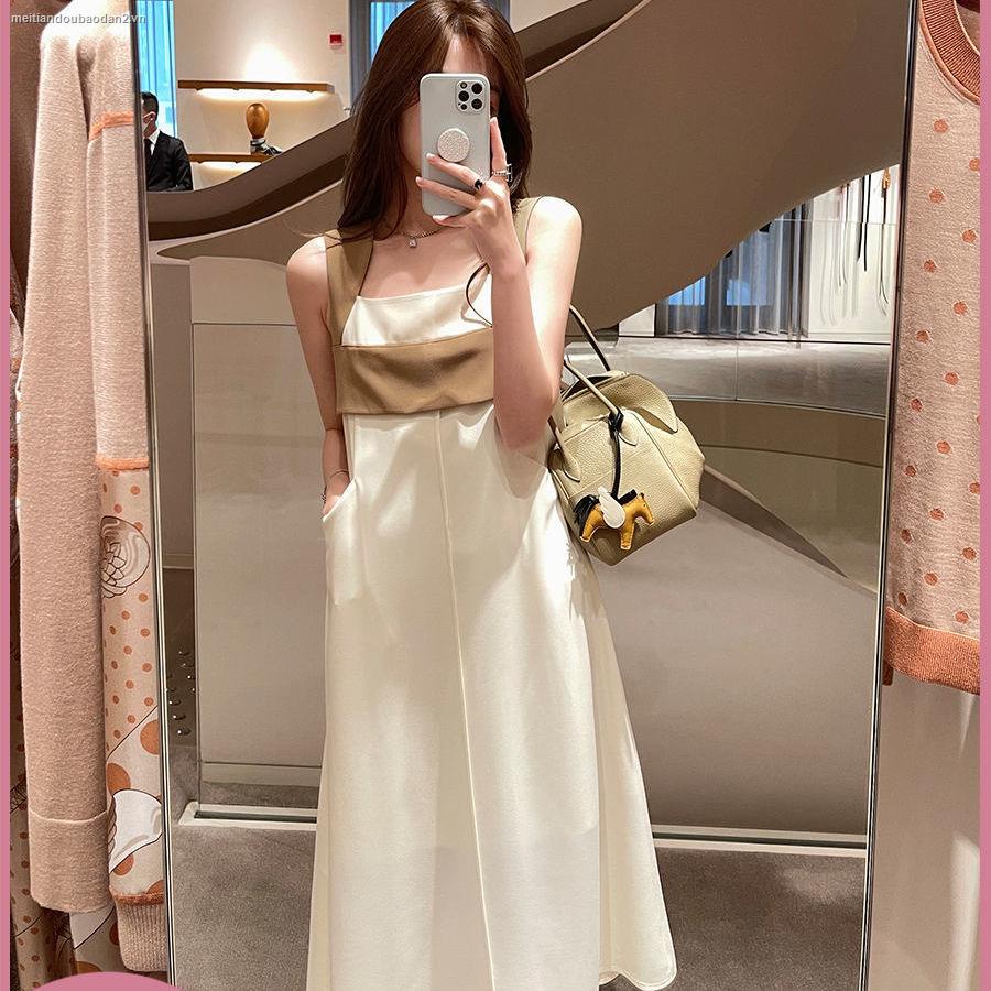 Đầm Hai Dây Dáng Chữ A Màu Sắc Tương Phản Phong Cách Retro Pháp Cho Nữ