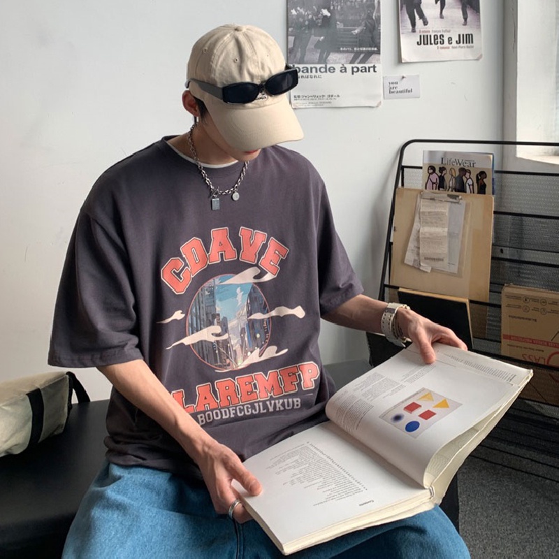 Áo thun tay ngắn cổ tròn dáng rộng in chữ phong cách đường phố Hàn Quốc cho nam size lớn S-8XL