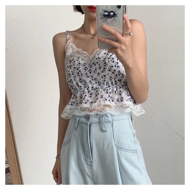 Áo hai dây hoa nhí mặc kèm thun trắng nữ tính - ảnh thật cuối