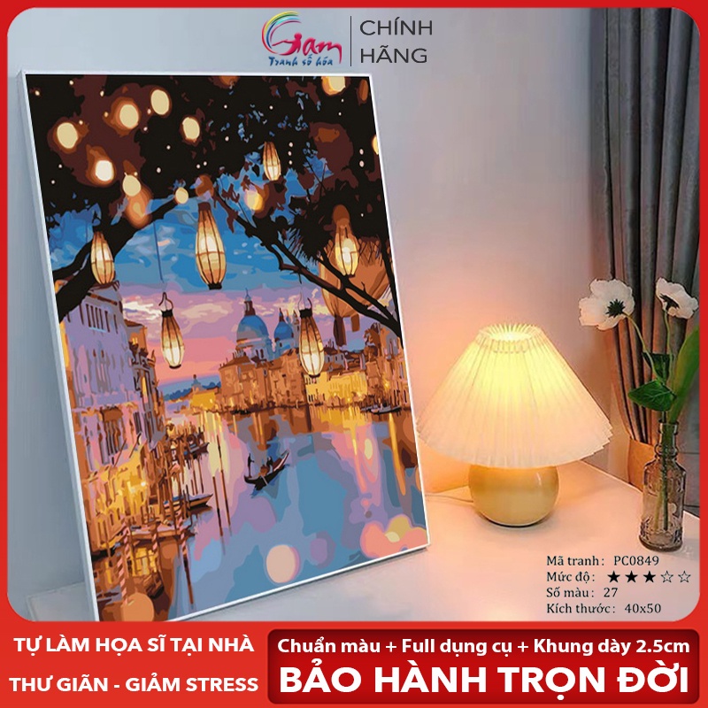 [Mã LIFE20KALL giảm 10% đơn 50K] Tranh tô màu theo số phong cảnh đêm Venice đèn lồng đã căng khung 2.5cm