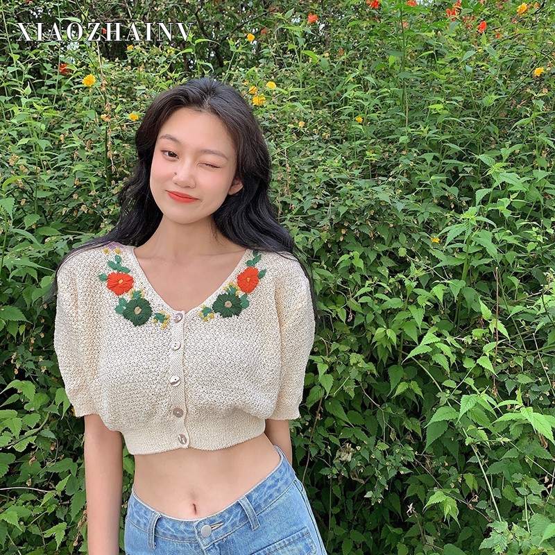 Xiaozhainv Áo Cardigan Xiaozhainv Dệt Kim Tay Ngắn 2 Màu Sắc Tùy Chọn Phong Cách Hàn Quốc Thời Trang