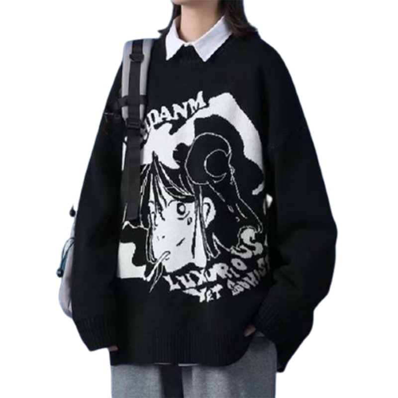 Áo sweater mặc chui đầu tay dài dáng rộng quá cỡ cổ tròn họa tiết anime Nhật Bản nghệ thuật phong cách harajuku unisex