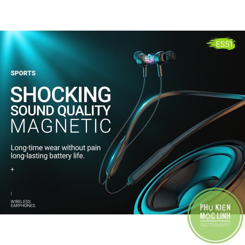 Tai nghe bluetooth thể thao choàng cổ Hoco ES51 Graceful Wireless 5.0 - Nghe nhạc đàm thoại 3h liên tục không dây Sport