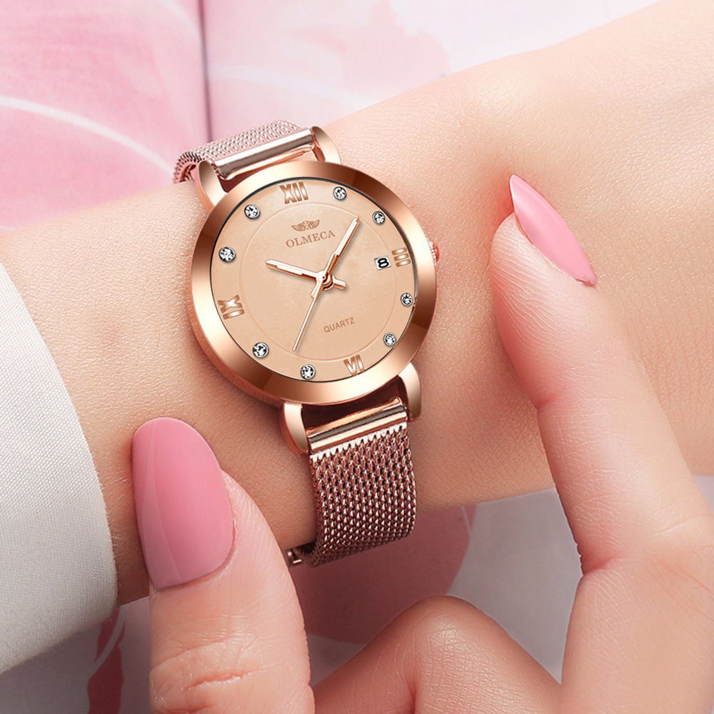 (SIÊU HOT) Đồng Hồ Nữ OLMECA O0865 Mặt Đính Đá Lịch Ngày Sang Trọng Quý Phái Dây Thép Mành Cao Cấp