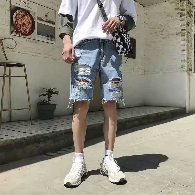 Quần short jean phối vết rách phong cách thời trang Hàn Quốc cho nam
