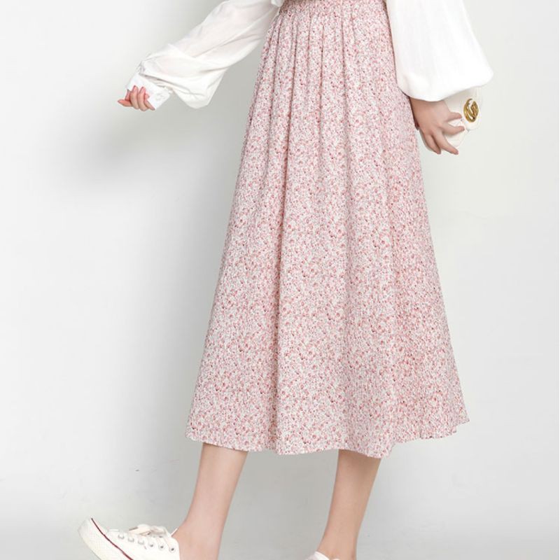 Chân váy midi hoa nhí dáng xoè vintage ảnh thật