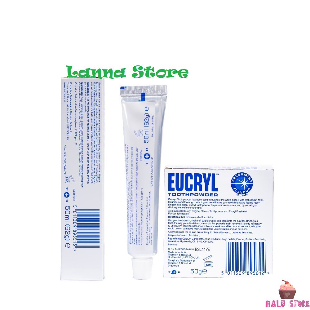 Combo Kem đánh răng Eucryl 62g + Bột tẩy trắng răng Eucryl 50g Siêu trắng sáng - UK