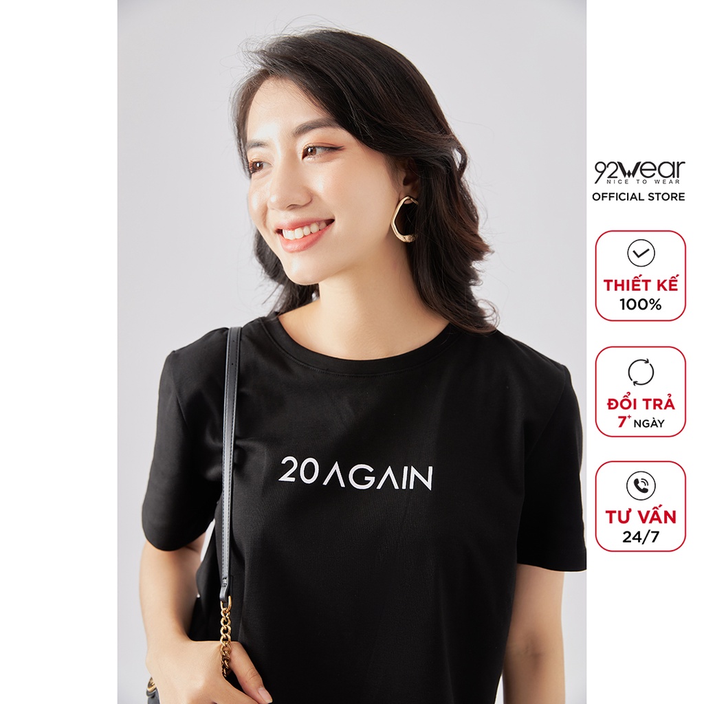 Áo thun nữ cotton co giãn 92WEAR form rộng ngắn tay cổ tròn in chữ ATA2068