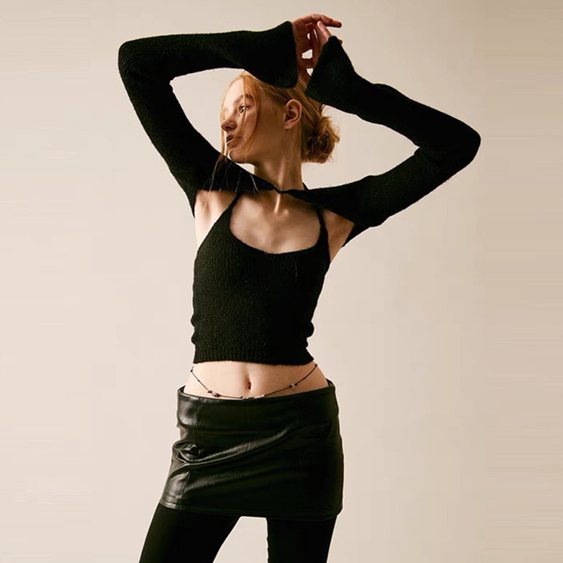 Set trang phục DUNEA áo kiểu cổ yếm và áo khoác ngoài ngắn hở lưng thời trang quyến rũ dành cho nữ