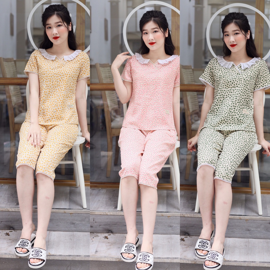 Bộ quần áo ngủ nữ lửng bo gấu chất đũi lạnh mềm mát