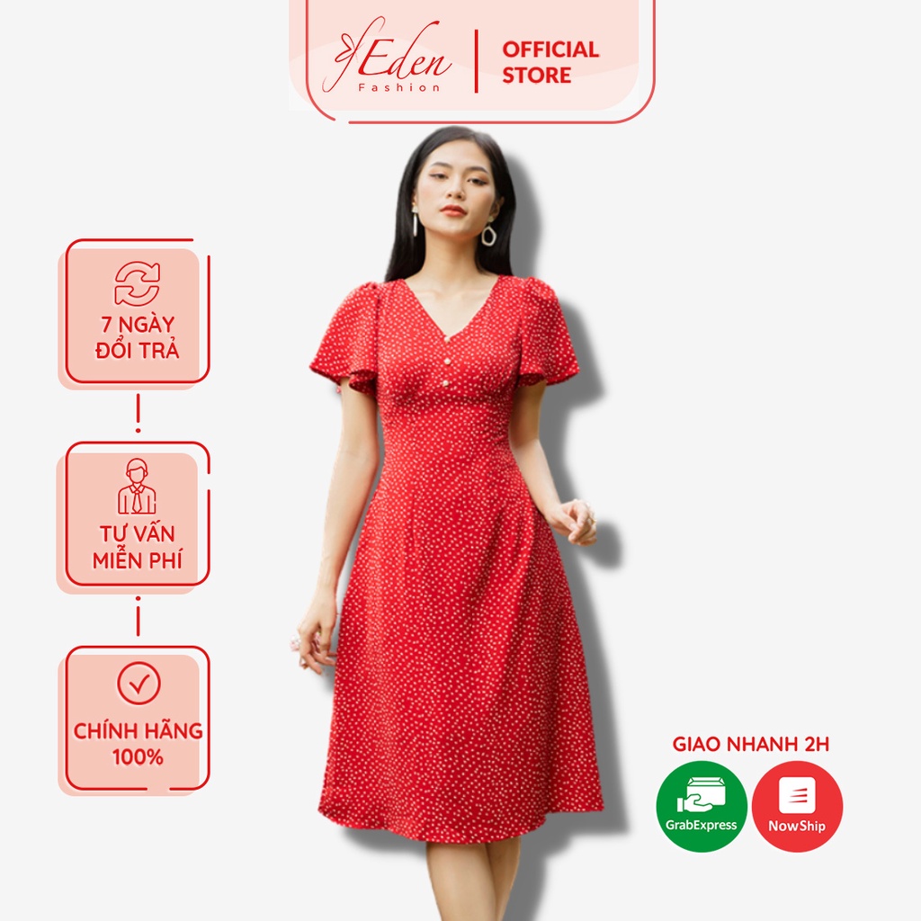 Đầm chữ a cổ v 2 lớp tay loe có túi dây kéo lưng họa tiết thời trang Eden - D447