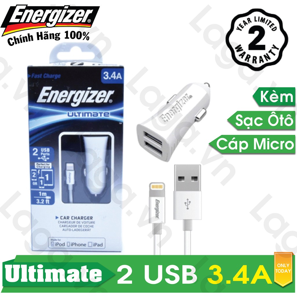 Sạc Ô tô Energizer UL 2 cổng USB 3.4A + 1 Cáp Lightning MFi dài 1m - DCA2CULI3 cho xe hơi (Trắng)