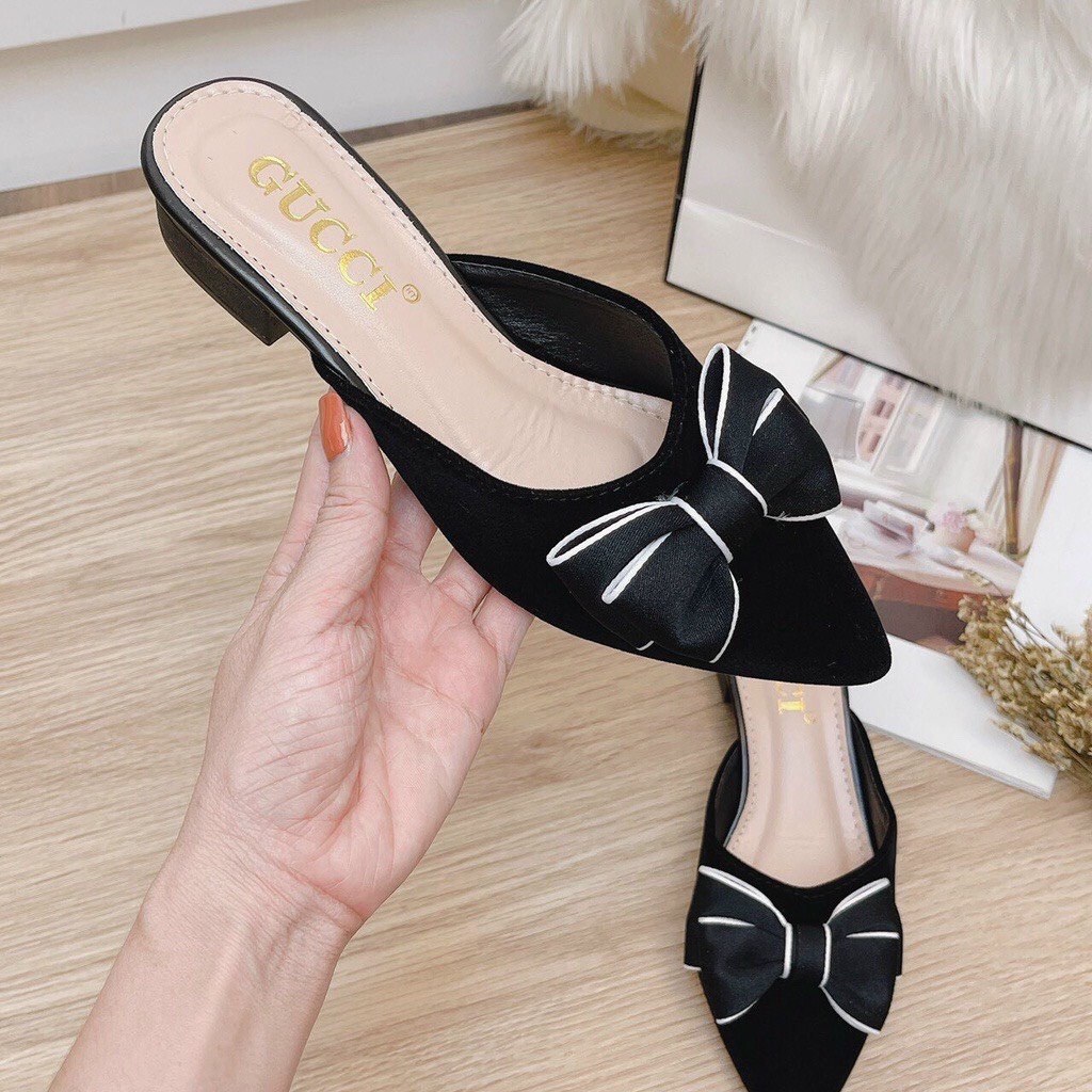 Giày Sục Nữ Đẹp Gắn Nơ Tinh Tế Chất Da Size 35- 39 Giá xưởng Nơ Viền Trắng Đẹp