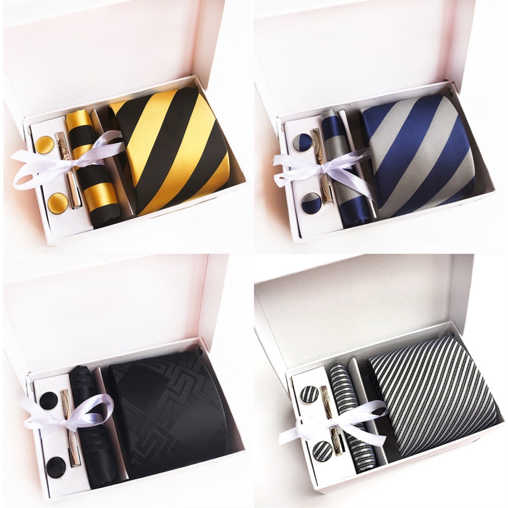 Efan Bộ Khăn Tay Kẹp Cà Vạt Kẻ Sọc Màu Xám Bạc Cho Nam