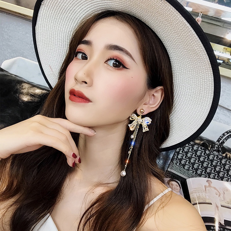 Đôi Khuyên Tai Dáng Dài Trang Trí Nơ Đính Ngọc Trai Thời Trang Hàn Quốc 2022