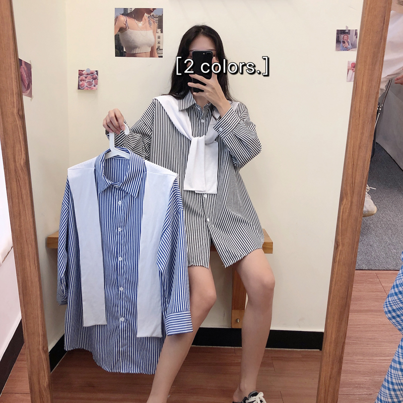 Set Áo Sơ Mi Tay Dài Kẻ Sọc + Khăn Choàng Thời Trang Mùa Thu Cho Nữ