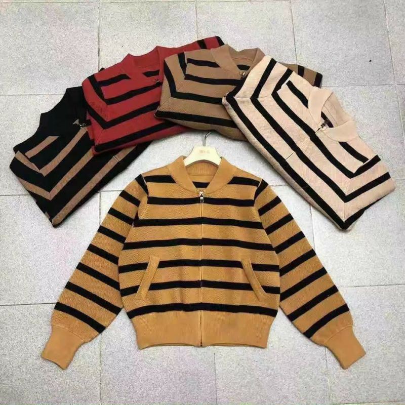 Áo khoác len dây kéo khóa sọc ngang