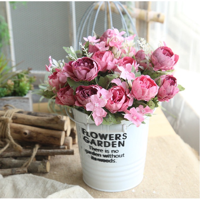 Hoa giả- Hoa lụa cao cấp trang trí nhà cửa [ 1 cành 6 bông cao 27cm mô phỏng mẫu đơn nhỏ]