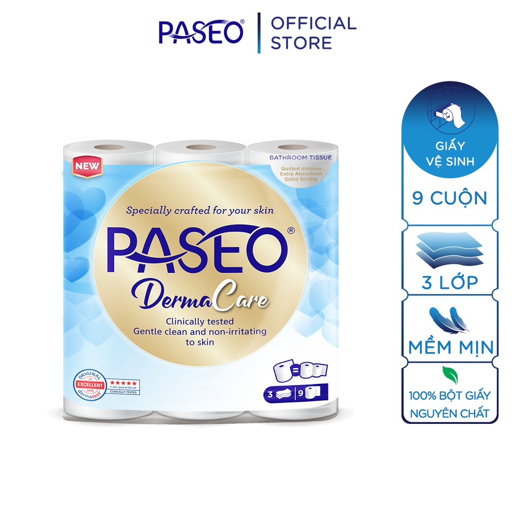 [Mã LTBAUAB8 giảm 7% đơn 99K] Giấy vệ sinh cao cấp Paseo Derma Care dai, mềm mịn cho da nhạy cảm (9 cuộn 3 lớp)/lốc