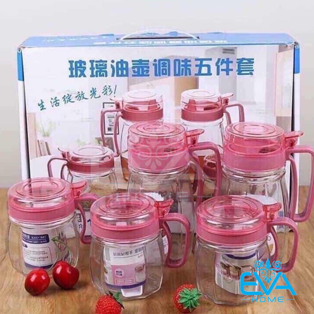 Bộ 5 Lọ Đựng Gia Vị 5 Món Gồm 2 Bình Rót Và 3 Hũ Đựng Gia Vị Thuỷ Tinh Nhà Bếp Có Tay Cầm Tiện Dụng M2799