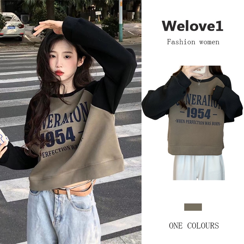 Áo sweater Tay Dài Hở Rốn Ghép Nối Màu Sắc Tương Phản In Chữ Cổ Điển Hàn Quốc Cho Nữ