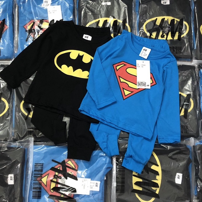 Bộ dài tay thu đông cho bé trai - Set 2 bộ Batman xanh đen Hm chất cotton cho bé trai size 1-6t